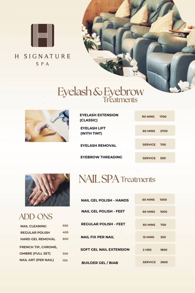 Add-on services, nails and lash treatment price list at H Signature Spa El Nido